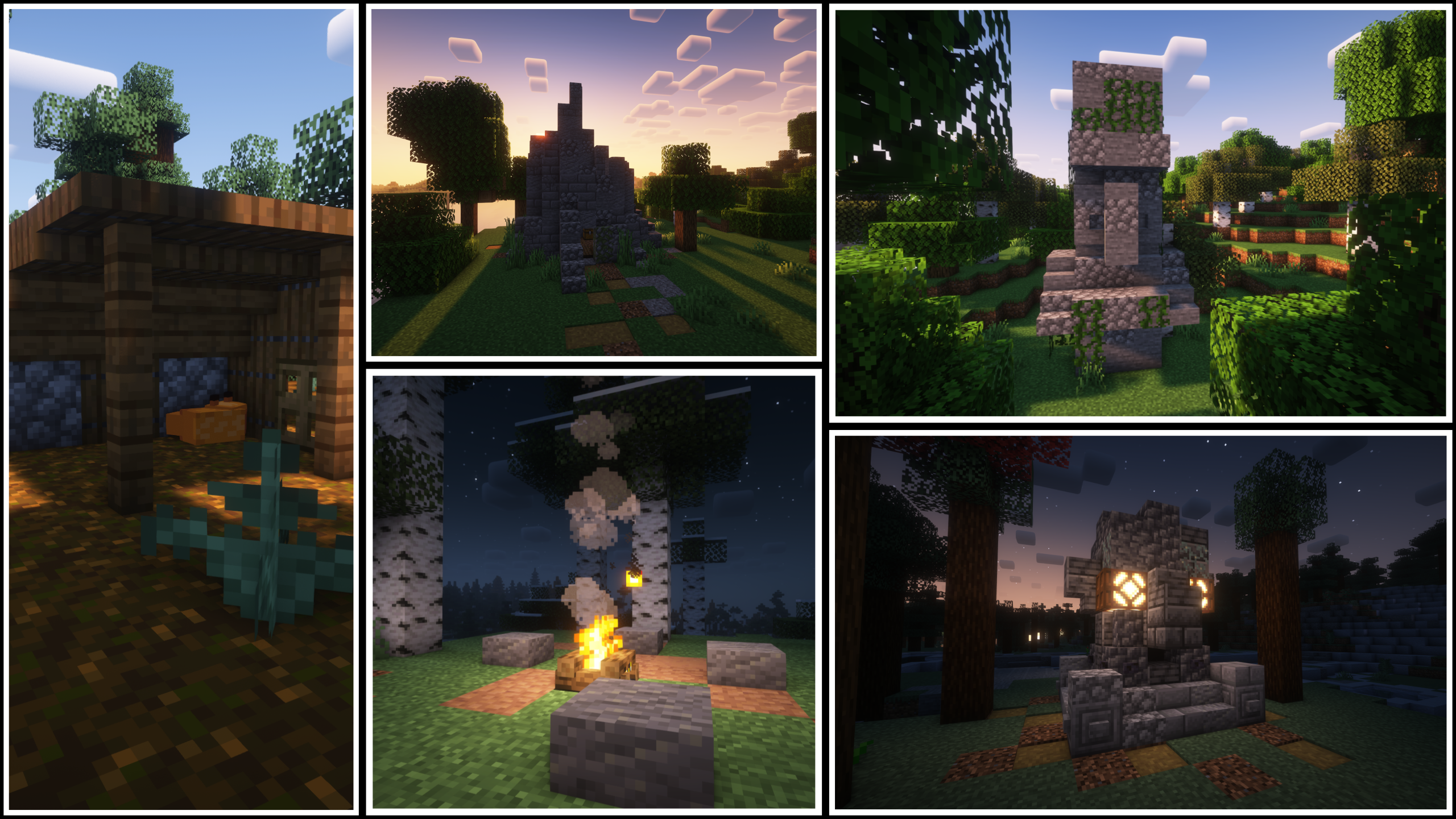 fox hut, small ruin, villager statue, fire camp and small statue