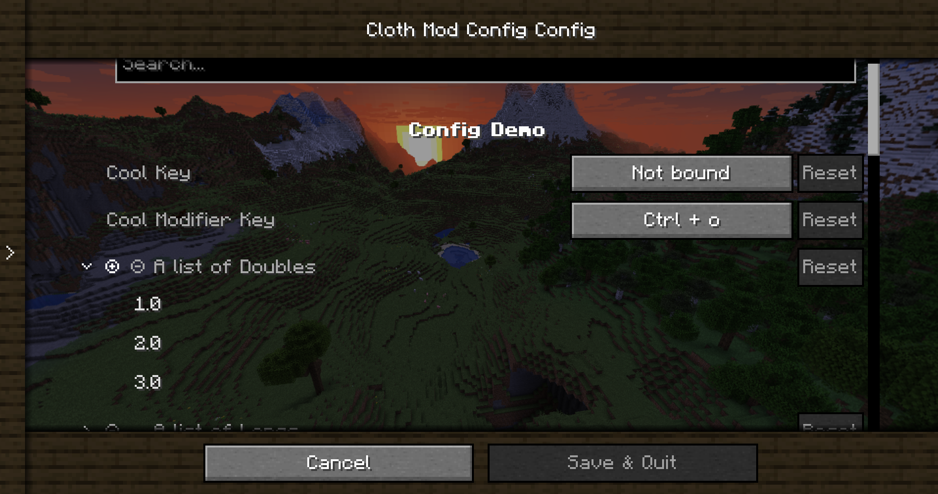 Cloth Config Demo screen