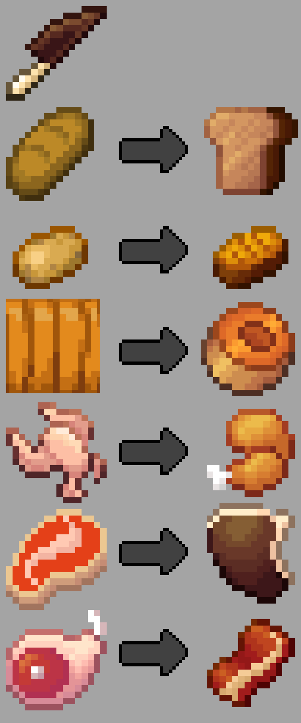 Para Rebanar items, pones el item a rebanar en tu mano izquierda y haces click derecho a una parrilla con un Facon en la derecha