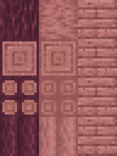 A Warm Aelven Wood Type that has variants for all vanilla wood configurations and has vanilla recipe support. Features a 2x2 log variant known as - Peachgrove Beams.
