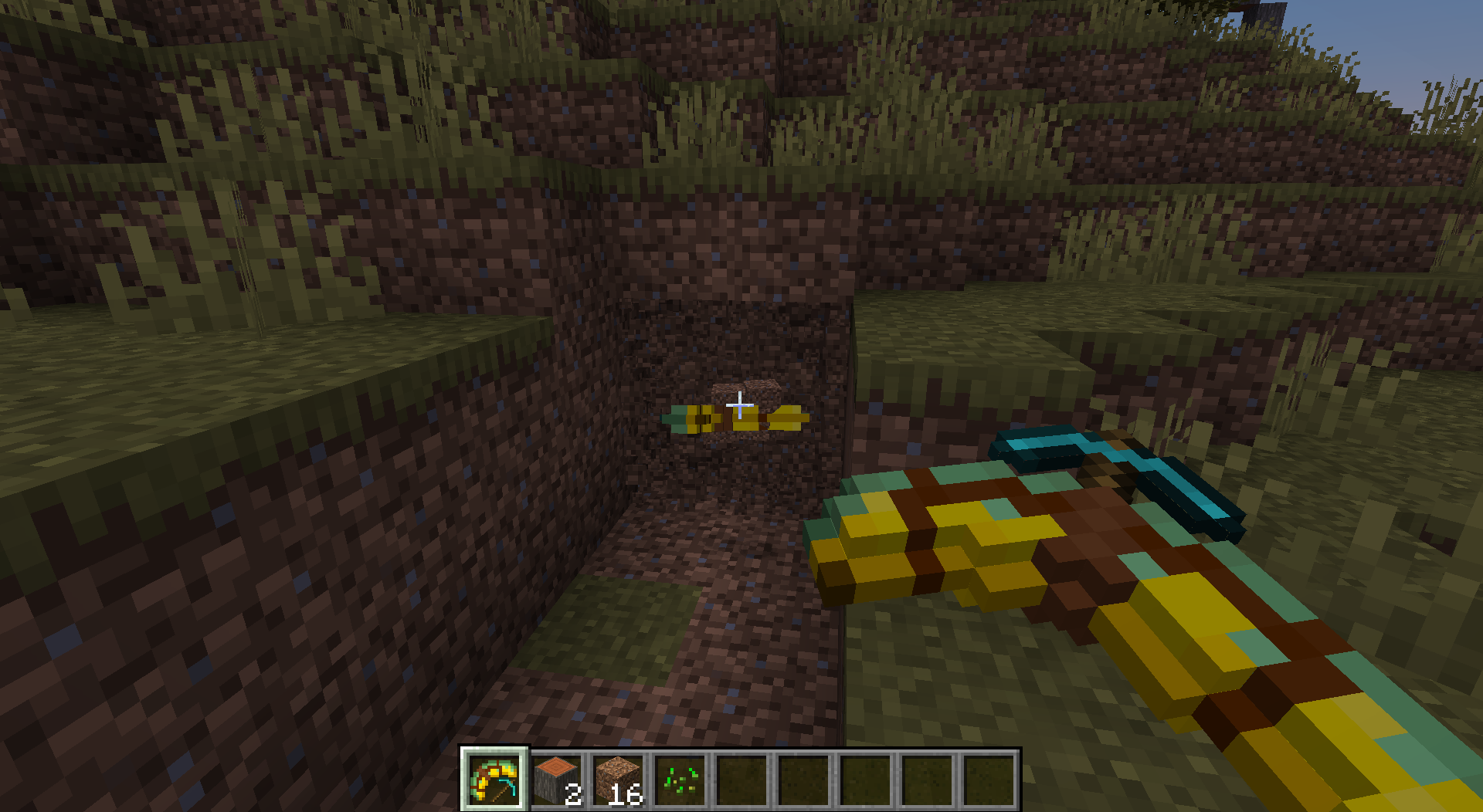 A bananarang with a pickaxe mining some blocks