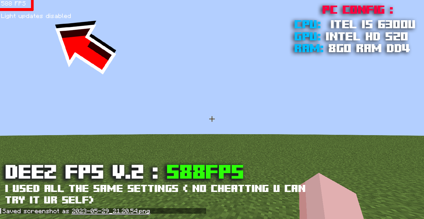 Thumbnail i got 588FPS (i used all the same settings i didnt cheat i can screenshot you what settings i used dm me on discord and i will , and i closed all the apps in my pc ) I have 8go of ram and an itel i5 6300u (laptop)