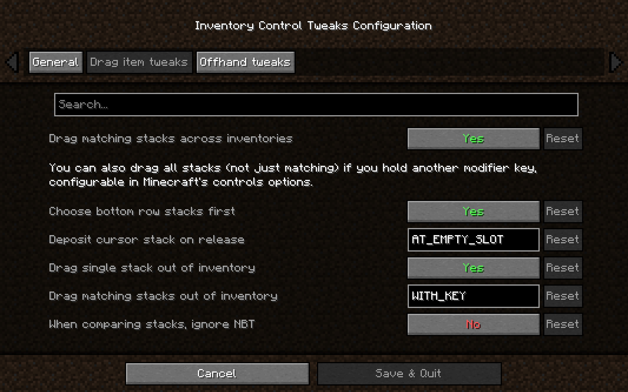 Drag item tweaks config tab