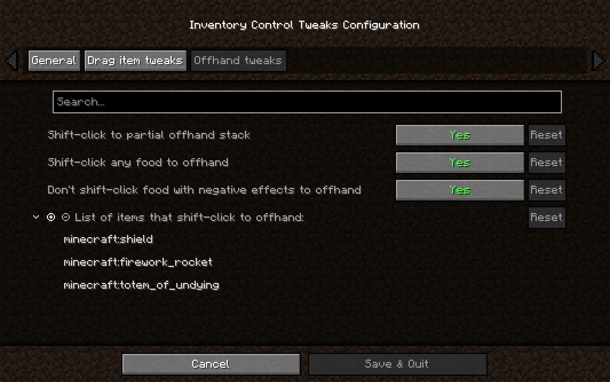 Offhand tweaks config tab