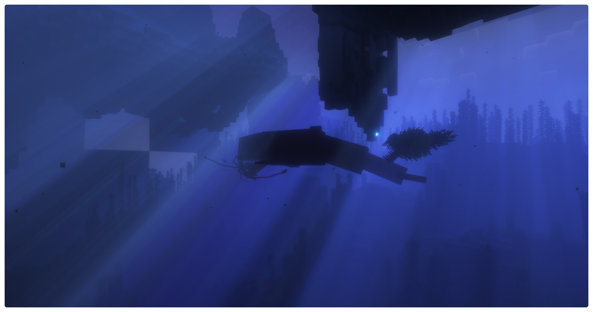 A whale and giant squid fighting, both from the Alex's Mobs mod