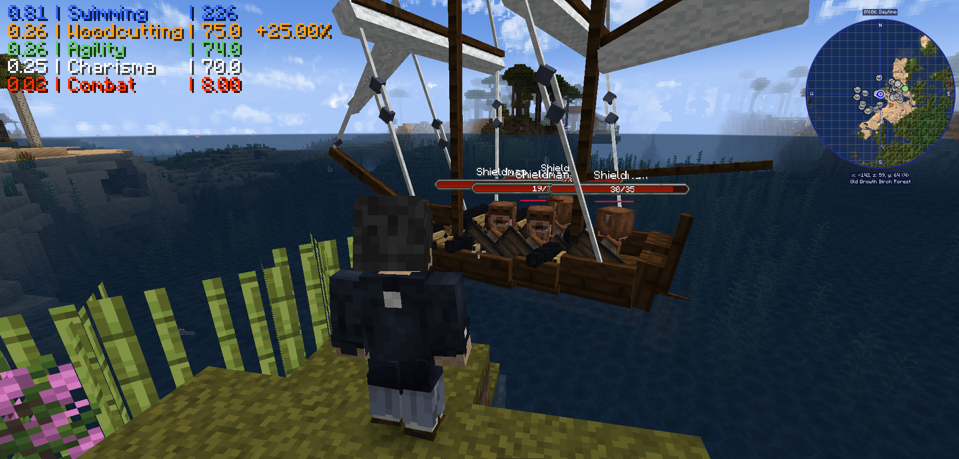 Villager Recruits aboard a ship with cannons waiting on the captain's order.