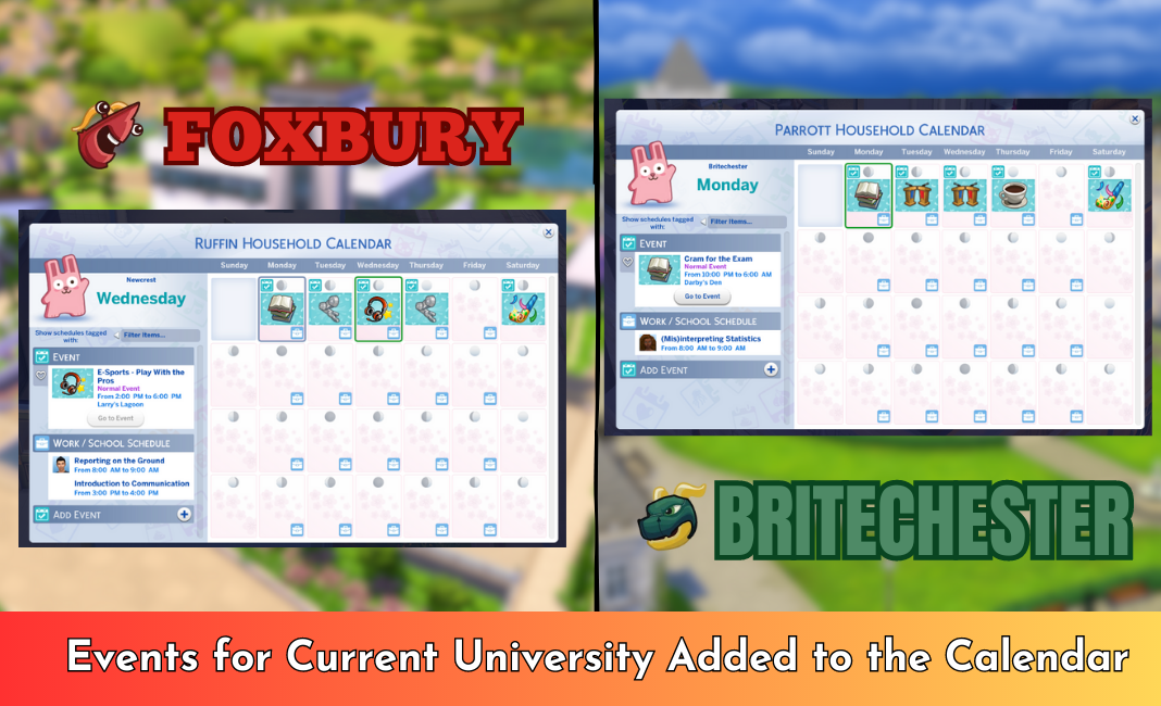 Universities Event Calendars for Foxbury and Britechester