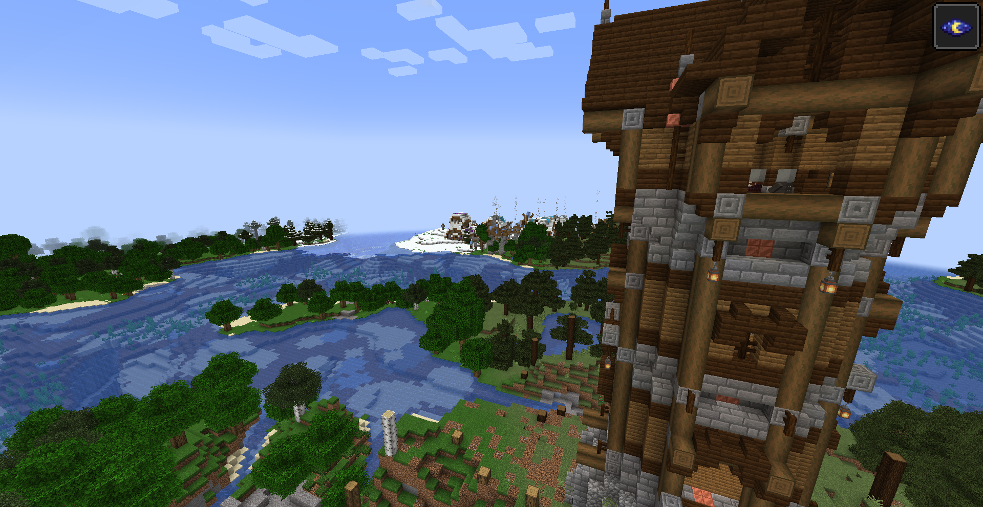 Thumbnail An Illager outpost in a spruce forest. A tundra village can be seen in the distance.