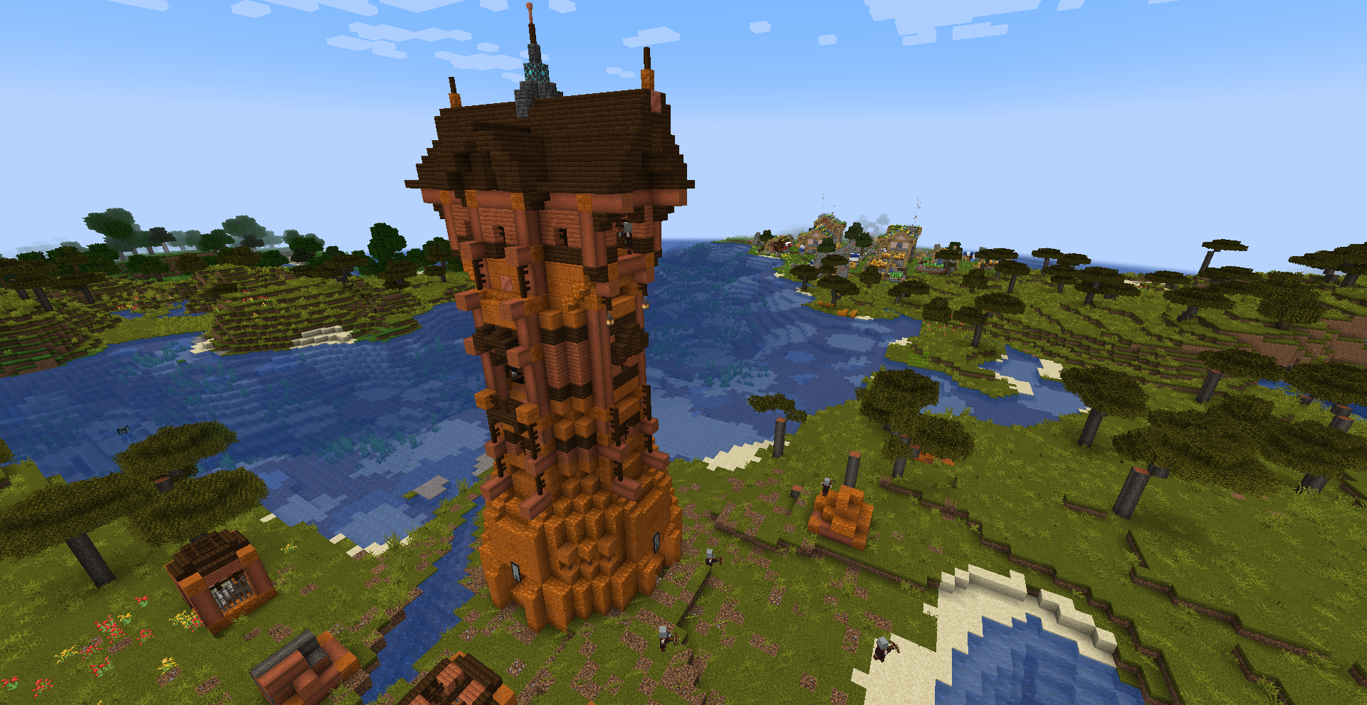 Thumbnail An Illager Outpost in a savanna. A plains village can be seen in the distance.