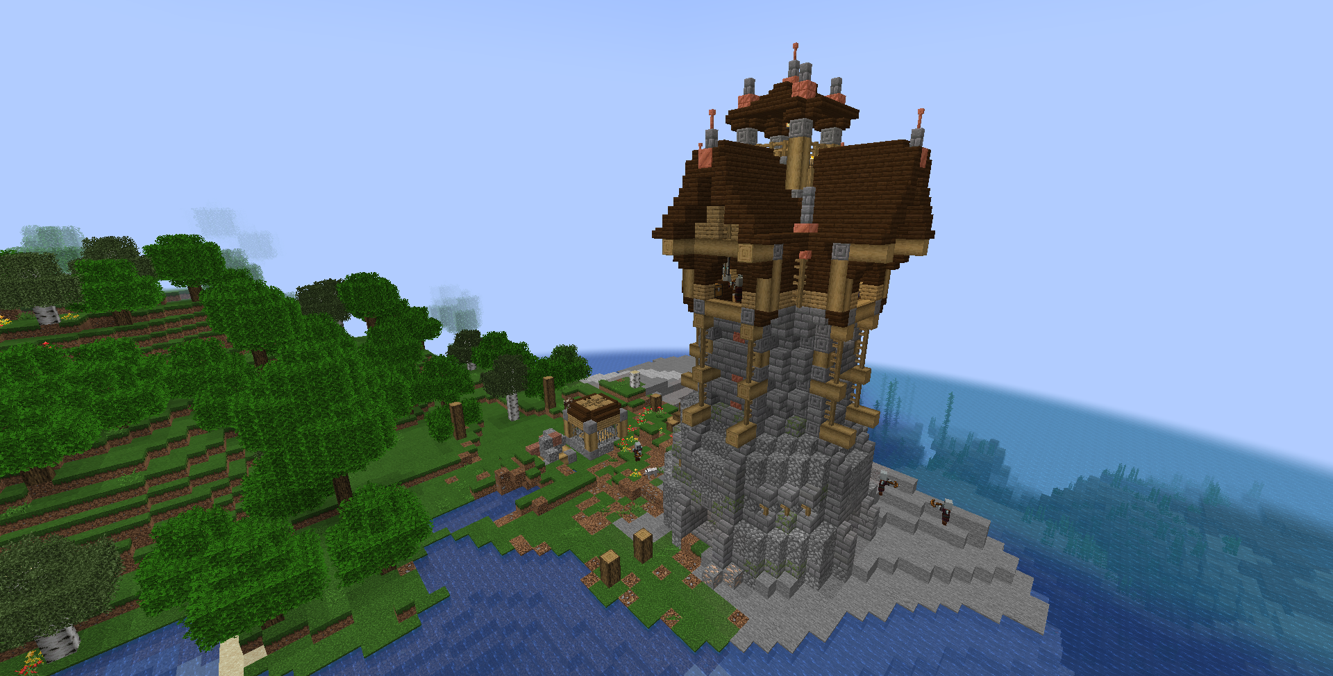 Thumbnail An Illager Outpost naturally generated on a penninsula.