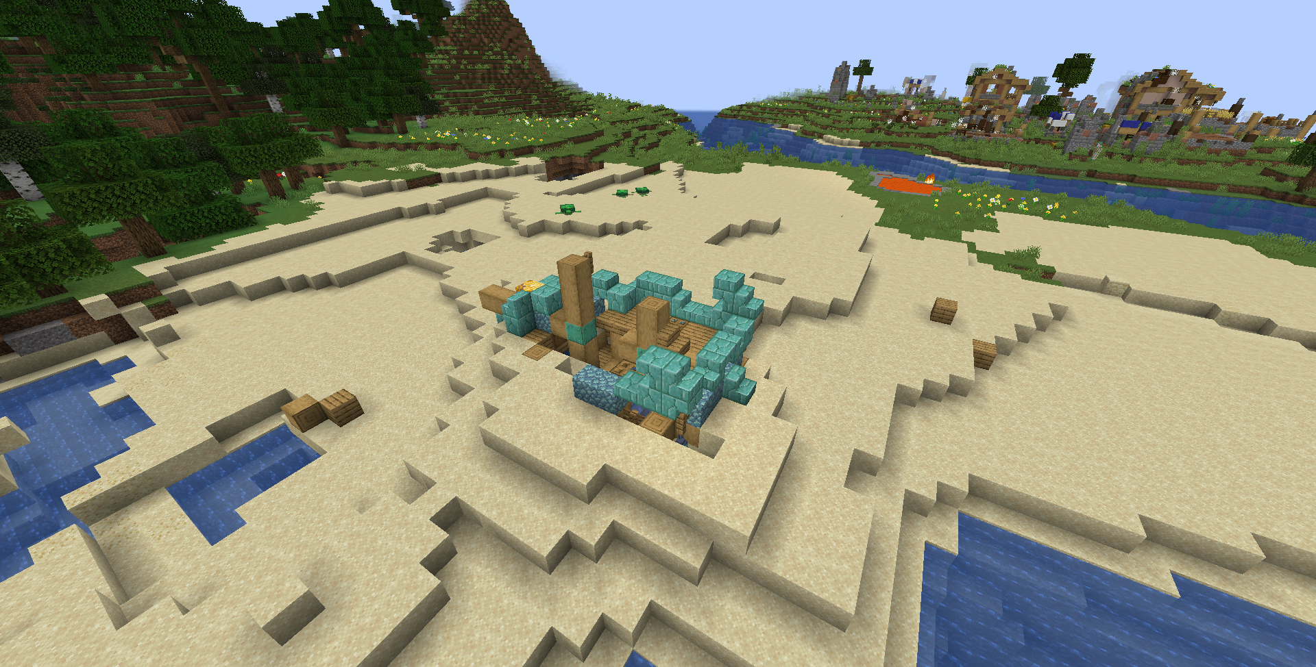 Thumbnail A small, beached oak shipwreck. An abandoned plains village can be seen nearby.