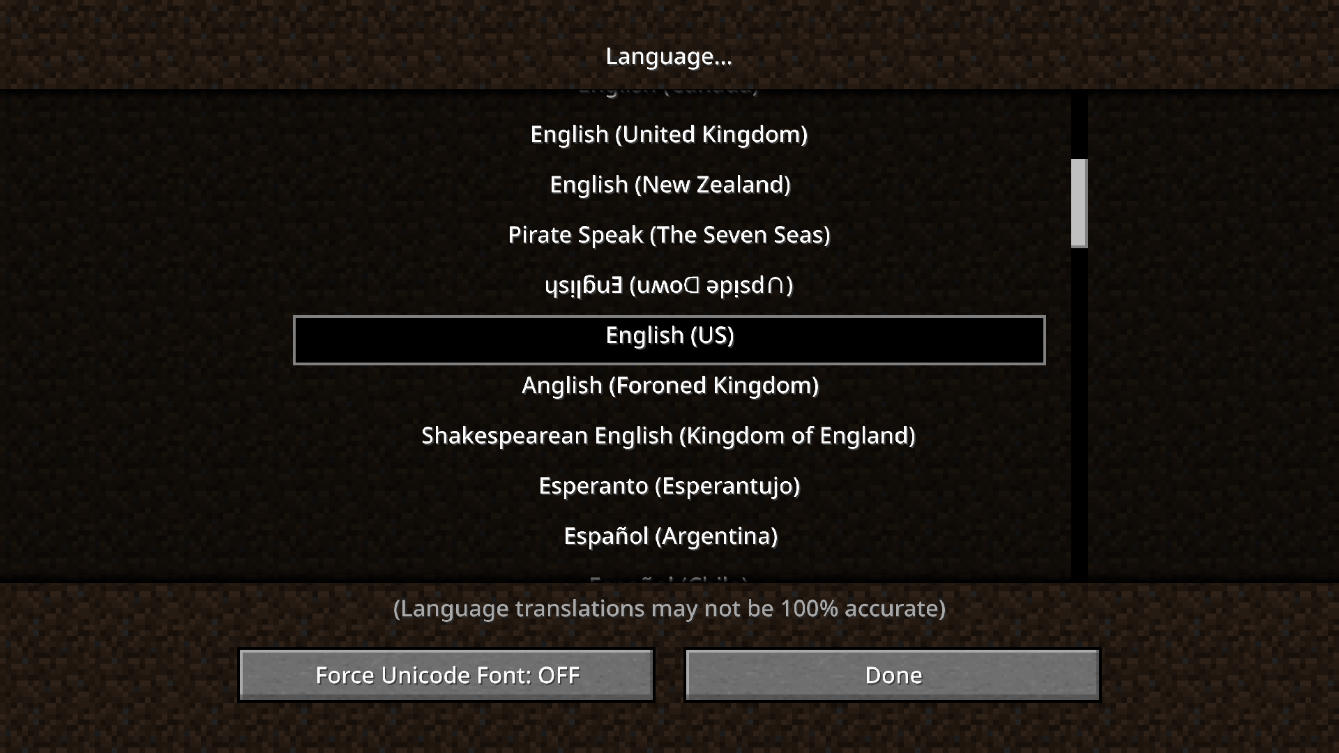 Language Selection Screen