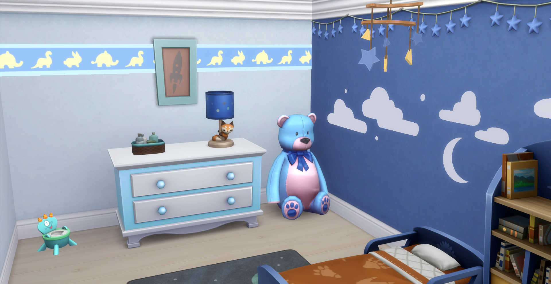Thumbnail A toddler's room with a border of elephants, dinosaurs, and bunnies