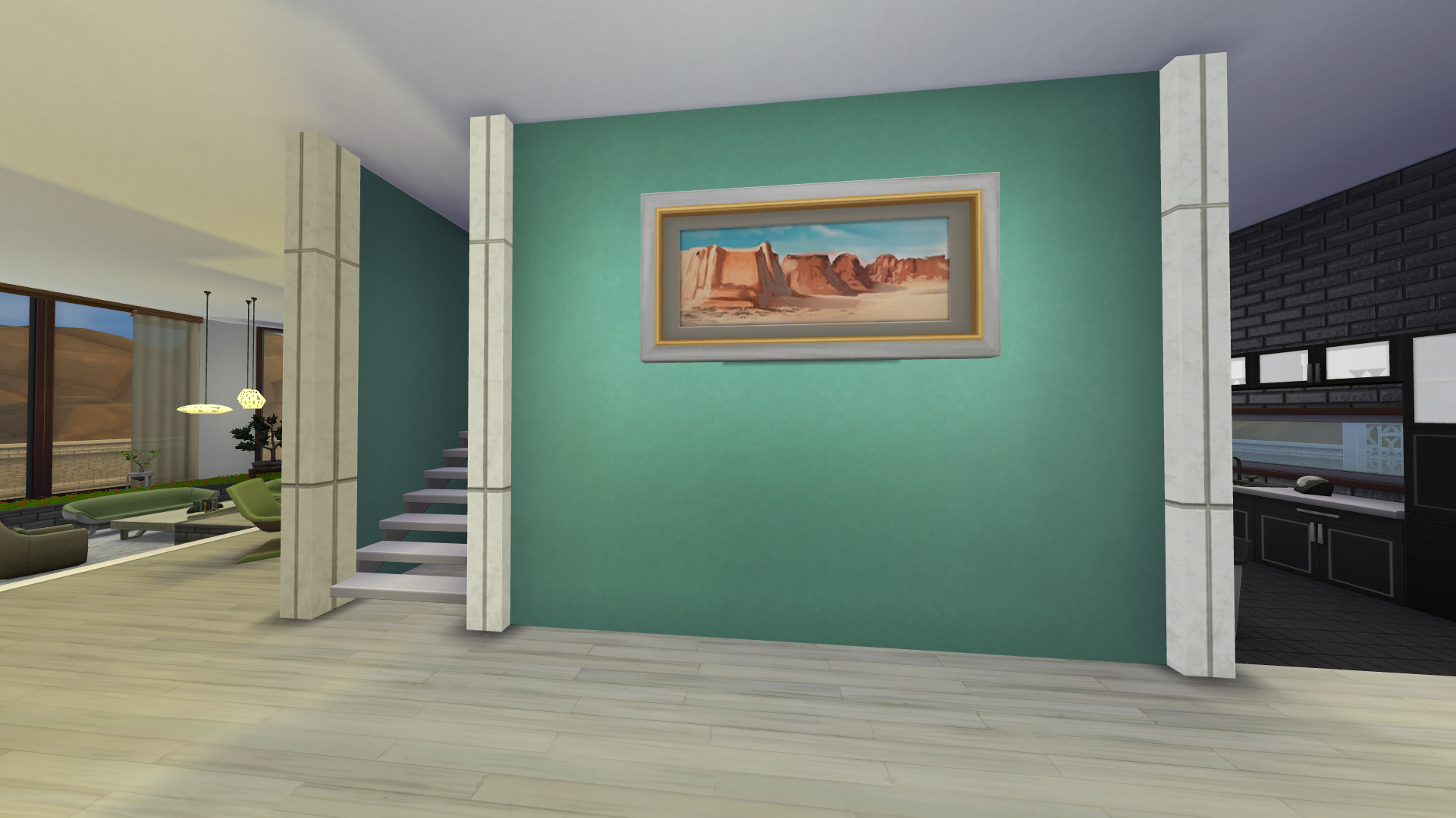 Thumbnail Entering the home greets you with art, and teal. You also see the kitchen and the sunken conversation pit.