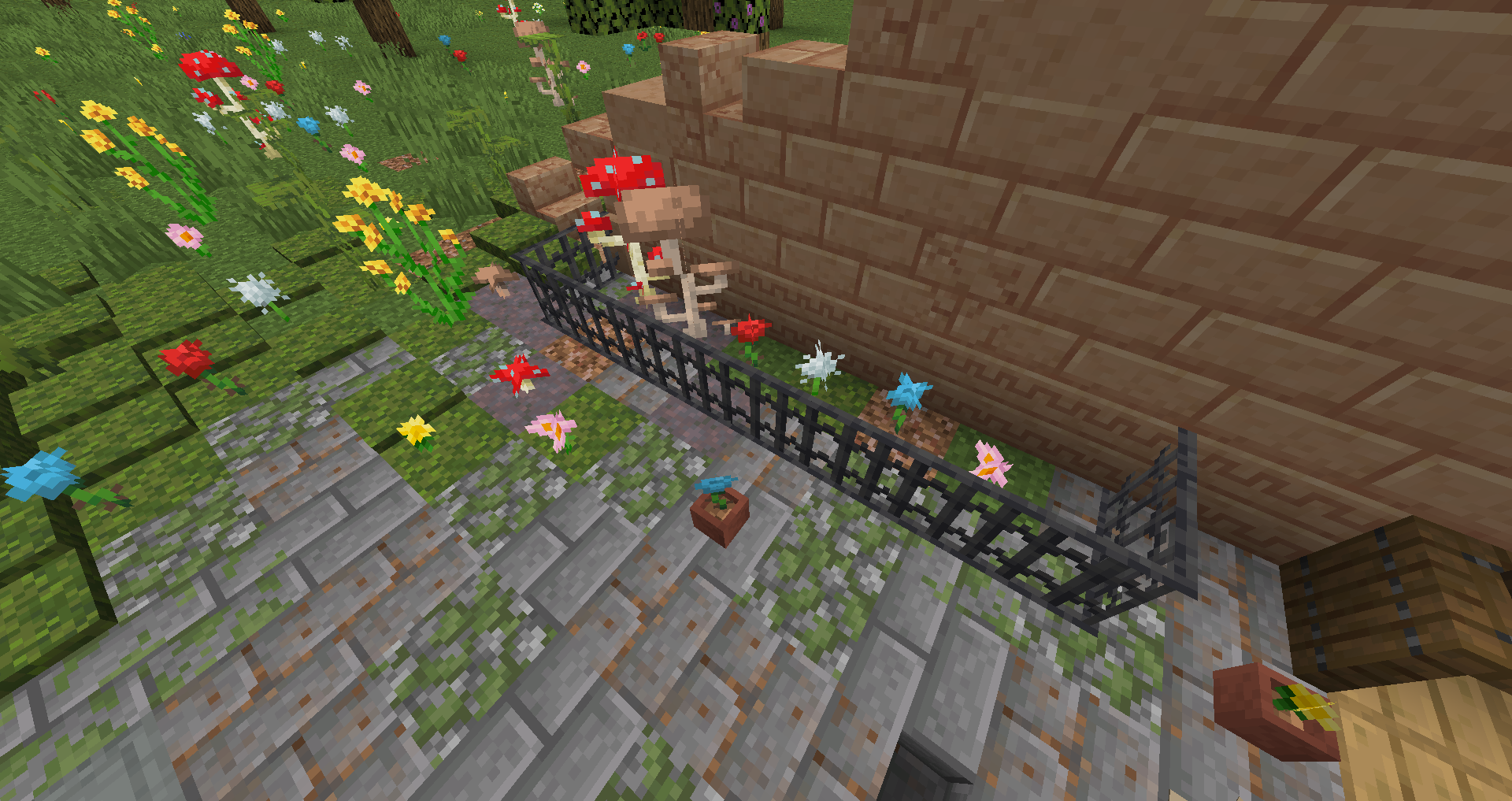 Thumbnail A bunch of flowers and mushrooms. All generate naturally in the world. The return of the Rose and Cyan Rose. Also, Cast Iron Bars. Because vanila iron bars are too messy and light colored.