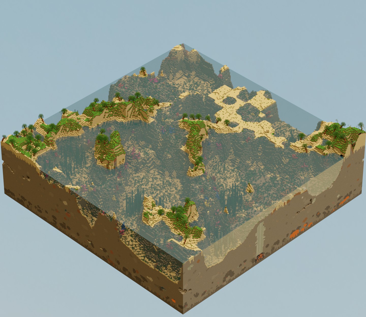 Thumbnail The tropical Island biomes can be found in warm oceans, They are sandy islands covered with grass and vegetation like moss carpets and melons, as well as palm trees which are a custom tree type that can be found here and they are surrounded by coral.