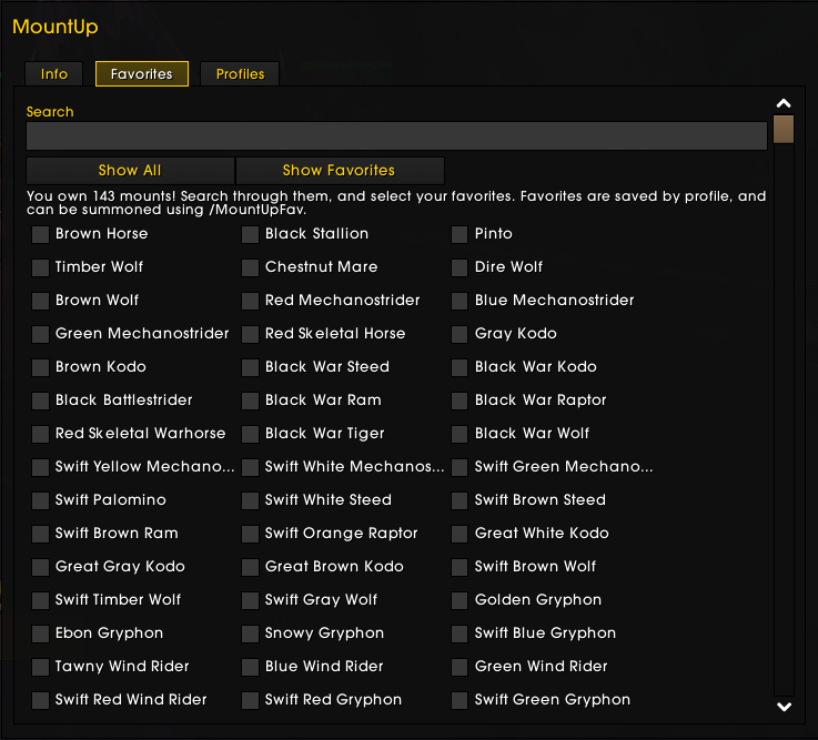 MountUp Options Favorites Tab