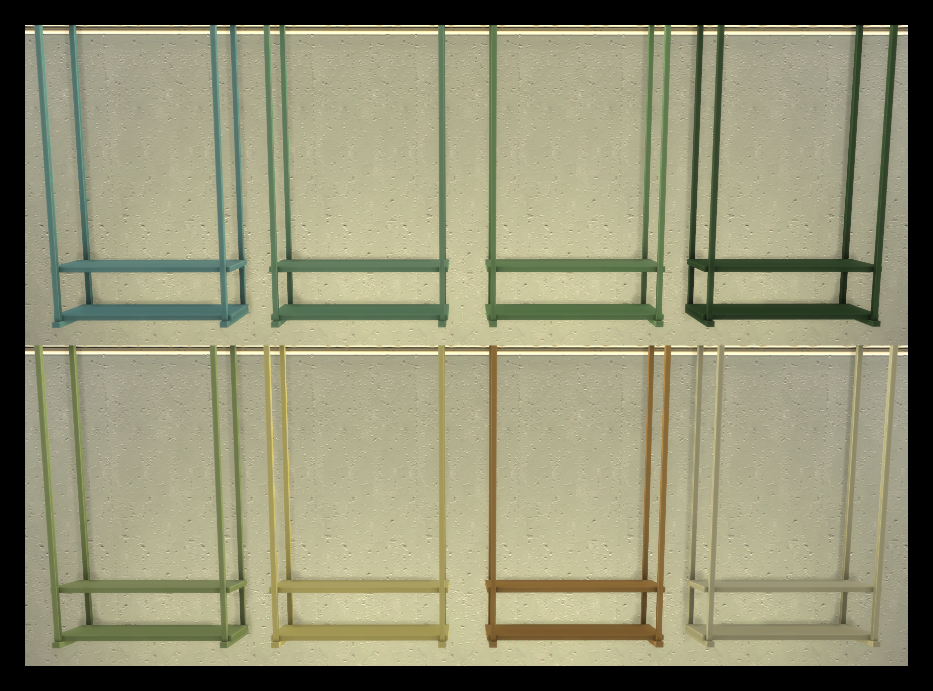 Thumbnail colours available for all 3 sizes, shown on long shelf/light