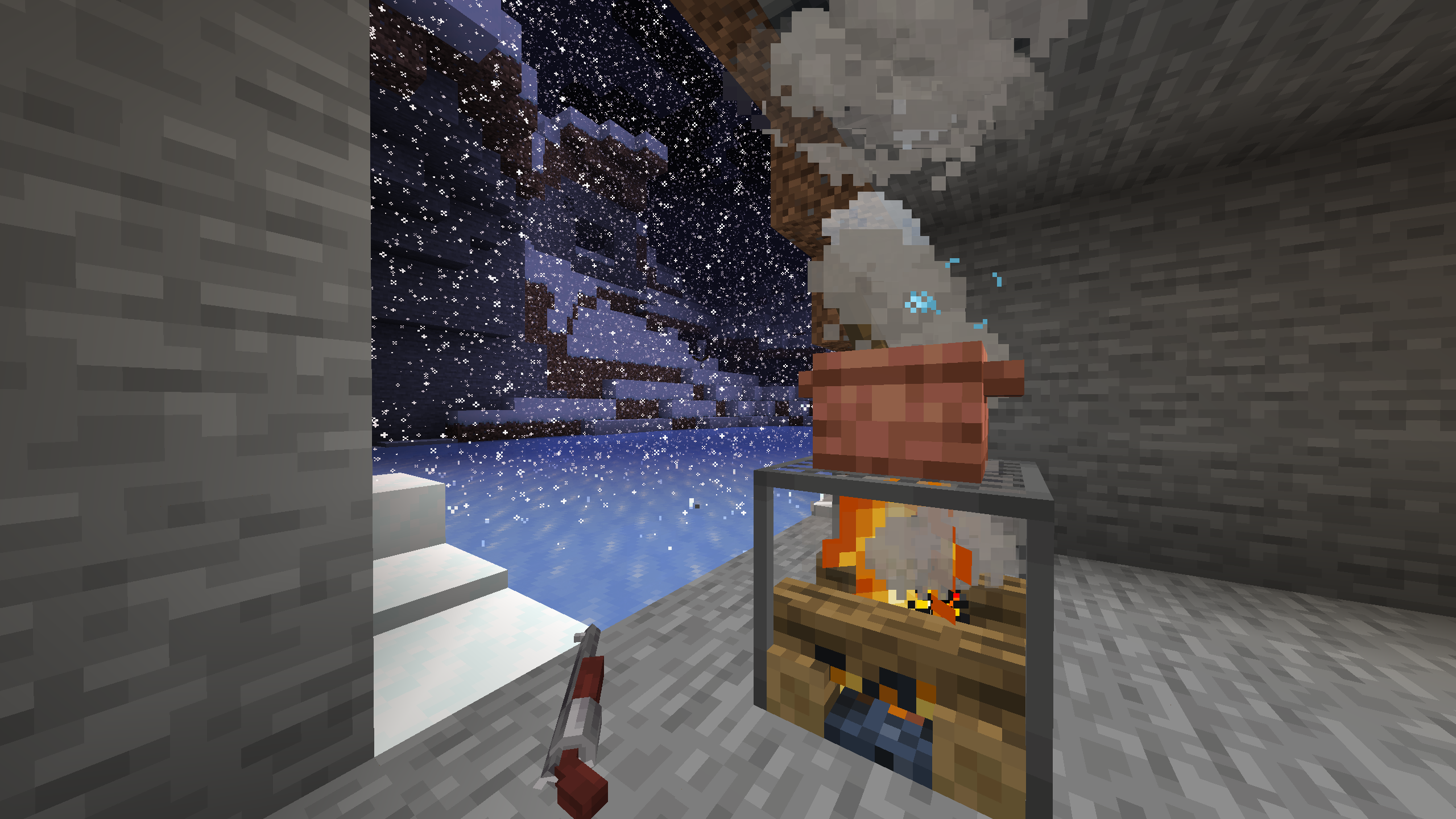 Thumbnail Taken from a camp within a cave, the blizzard outside is visible. A pot is boiling over a campfire and a rifle lies on the ground next to it.