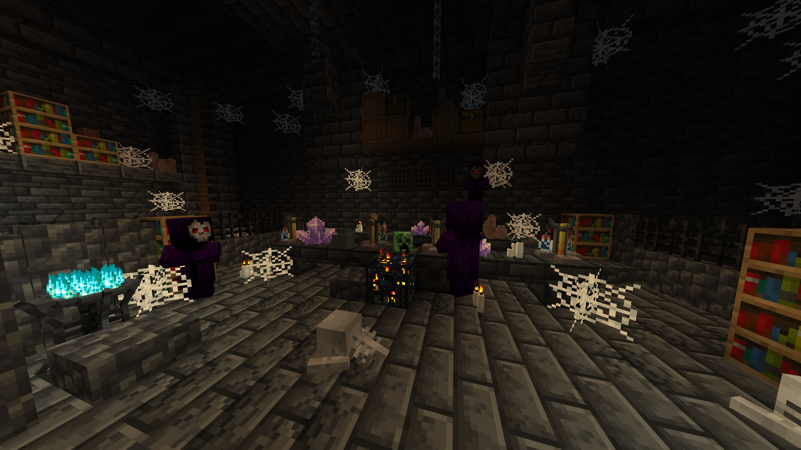 Thumbnail The inside of a Crypt Dungeon, walls made of black stone bricks and hooded acolytes wandering