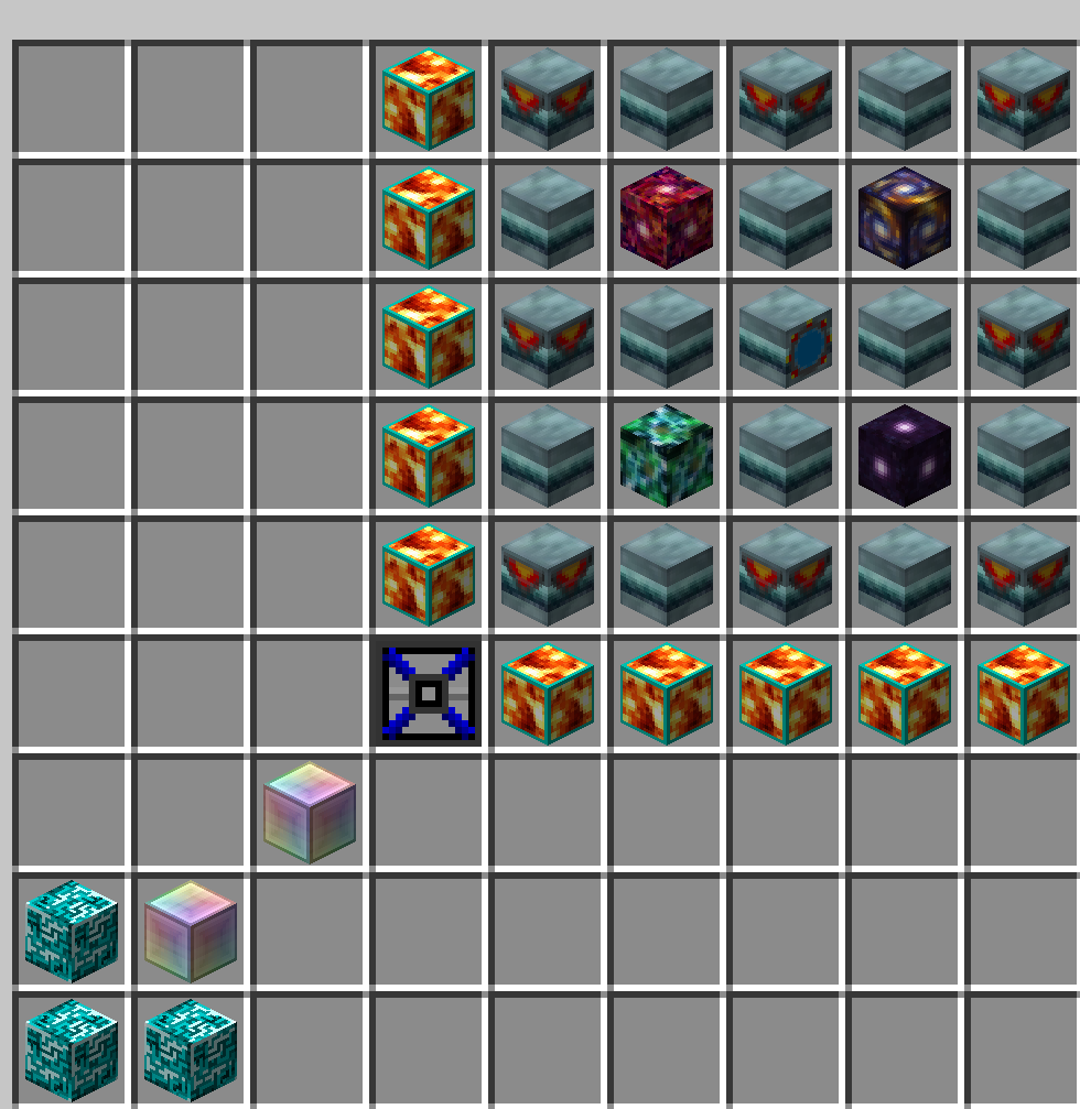 Thumbnail 1 stargate base block, 12 stargate ring blocks, 8 stargate chevron blocks, 1 eternium block, 1 tachyon-rich block, 1 primordial matter block, 1 spacially enlarged block, 10 magnetohydrodynamical blocks, 1 stargate frame part, 2 infinity blocks, 3 matrix