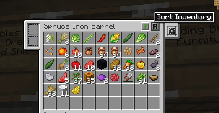 Thumbnail An example of an upgraded barrel (basic to iron), Sophisticated Storage adds the ability to sort inventory as well as increase the maximum capacity of items, etc.