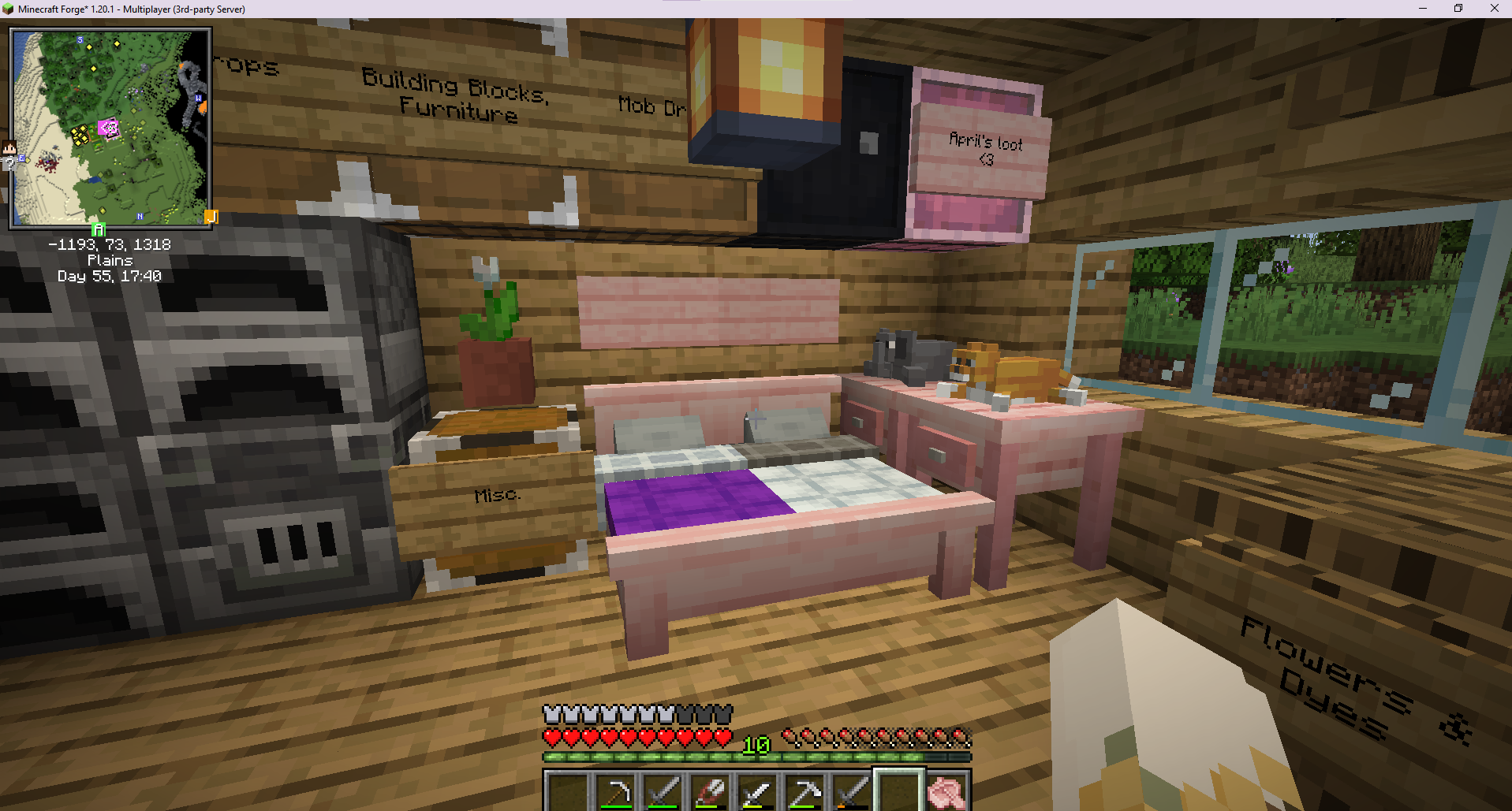 Thumbnail In-game Screenshot featuring the mods Handcrafted (fancy cherry bed and cherry bedside table) and Perfect Plushies (elephant and cat plushie)