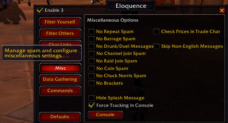 <p>Eloquence options menu for misc filters.</p>