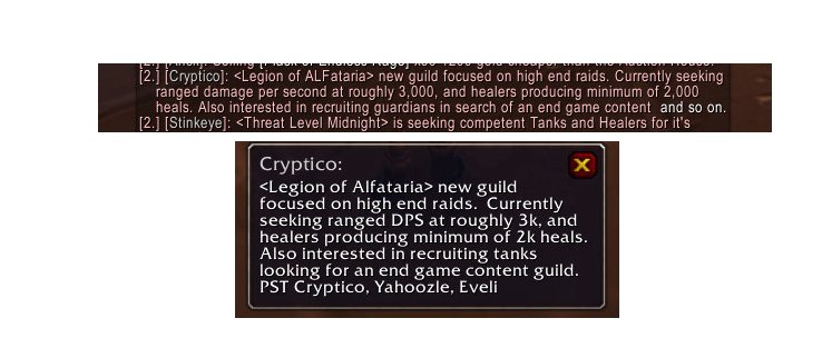 <p>Example of chat filters. Top shows chat that has been filtered by Eloquence, bottom shows actual chat, accessible by simply clicking the chatbox.</p>