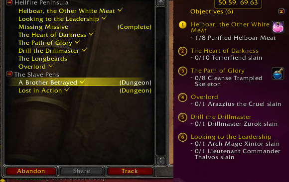<p>My character has quests in both Hellfire and Slave pens, as you can see on the left. You can also see in the quest log that all the quests have tracking turned on, but only the quests from Helfire appear on the quest tracking window on the right.</p>