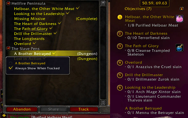 <p>The same quest log as the previous window, in the same location, but this time 'force show' has been activated on the quest 'A Brother Betrayed'. That quest is now visible in the tracking list regardless of which zone you are in.</p>
<p>The context m...