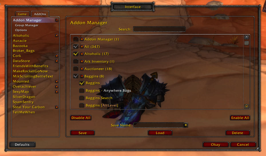 <p>This shows the main window of the Addon Manager. You can reach this through the Blizzard AddOn Interface.</p>