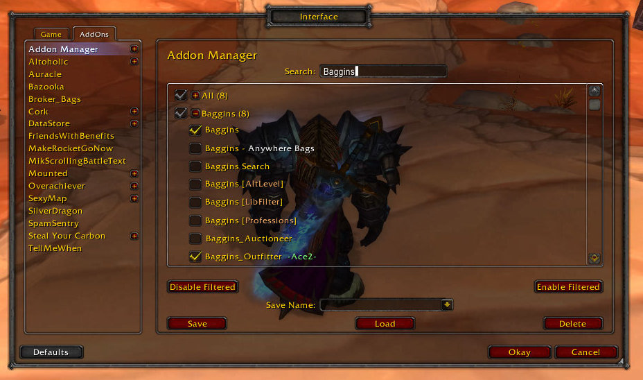 <p>This shows the search function. Searching hides all addons that do not match. Searching also allows you to enable or disable just the matching addons.</p>