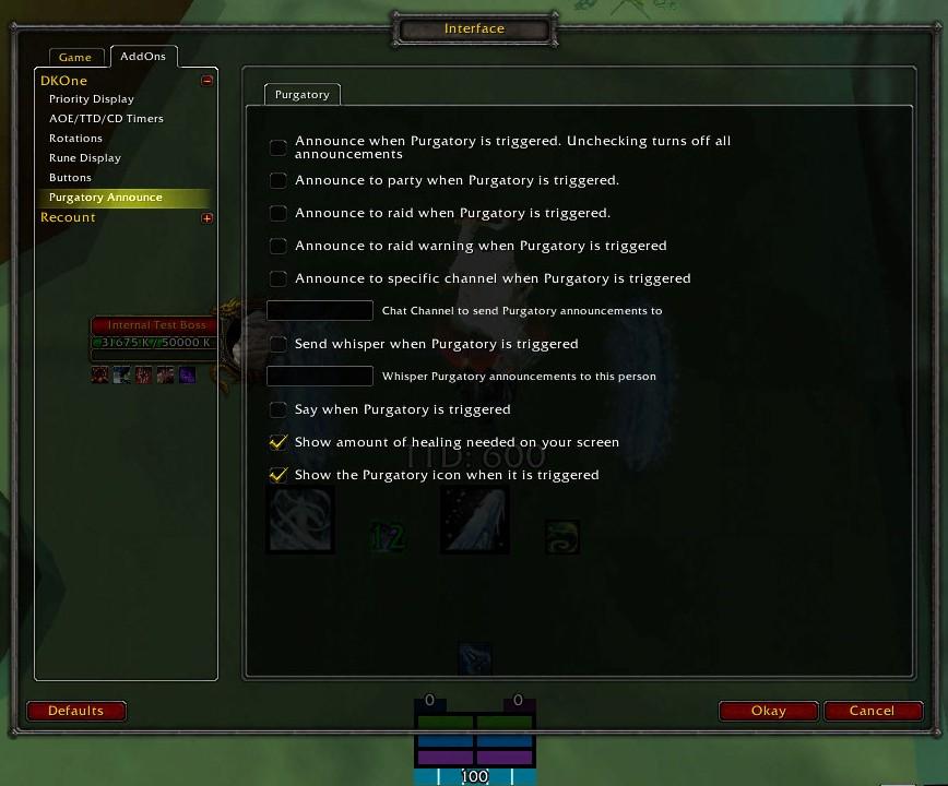 <p>Options for announcing when Purgatory is triggered. It announces your name and how much healing you need.</p>