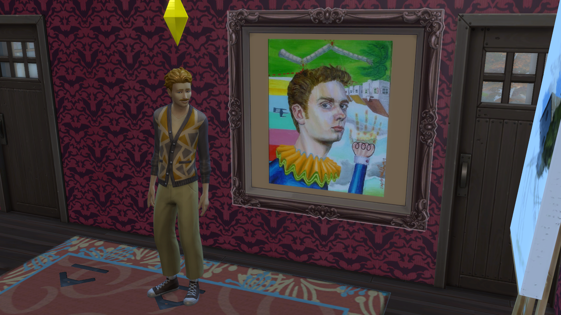 Jared the sim standing by his painting