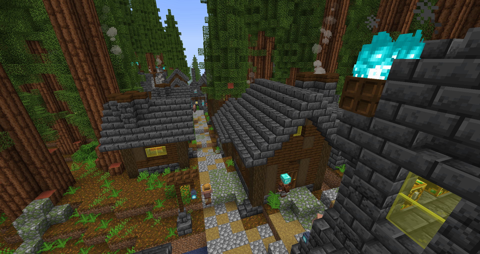 Thumbnail A village of dark oak and deepslate found within the center of a redwood forest