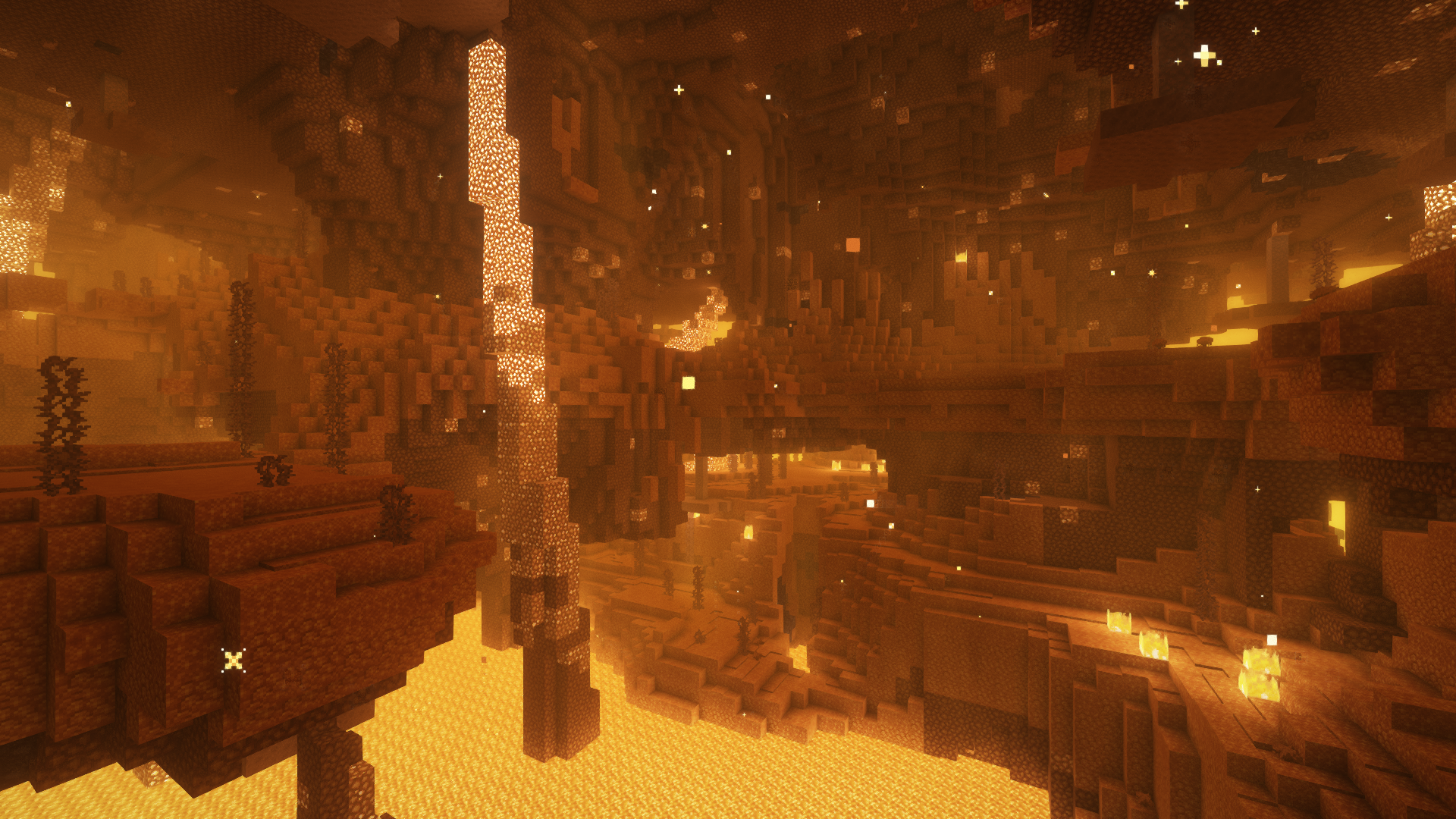 Thumbnail The new nether biome, the Glowstone Canyon. Taken with Complementary Reimagined shaders.