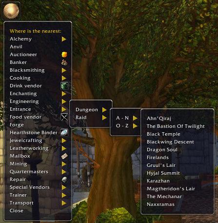 The WhereIs Menu with an example of how Raid and Dungeon entrances are displayed.