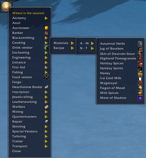 <p>WhereIs will track the materials needed for trade skill recipes and display the ones you can buy from vendors.</p>