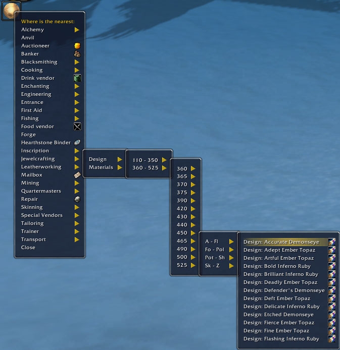 <p>This image shows an example of how trade skill recipes are displayed. Firstly, they are sorted by Trade Skill level, then alphabetically.</p>