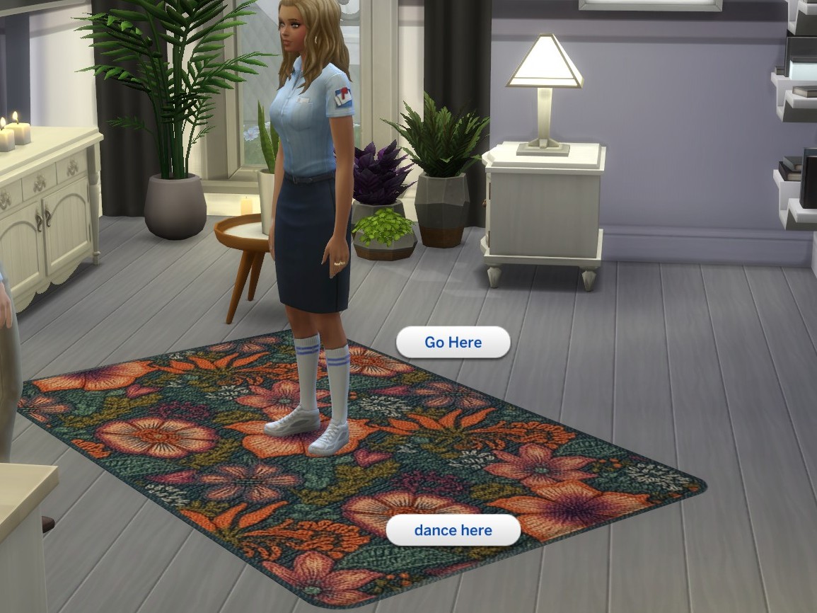 Click on the rug, and the "Dance Here" option will appear. The Sims will walk to the rug to dance and practice their dance steps without music.