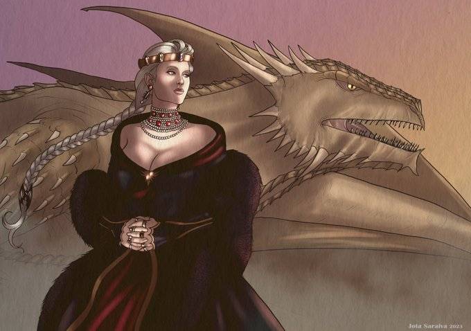 jotasaraiva_Queen Rhaenyra and her dragon Syrax.jpg