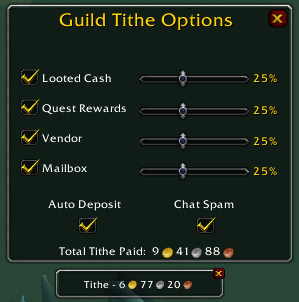 <p>This shot shows the configuration panel and the current tithe display frame, which shows you how much you'll deposit the next time you open the guild bank.</p>