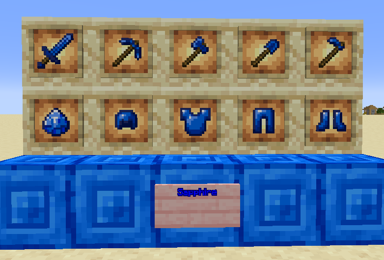 Thumbnail Sapphire as a new Material, used to upgrade Steel tools and armor in a Smithing Table: Found deep underground in Deepslate and beneath Mushroom Outposts