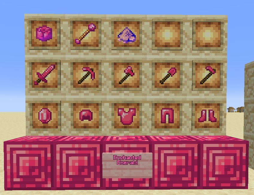 Thumbnail Enchanted Emeralds as a new Material, obtained from combining Amethyst and Lapis into Enchanted Essence, and combining that with Emeralds to create Enchanted Emeralds, which can be used to upgrade Steel tools and armor in a smithing table