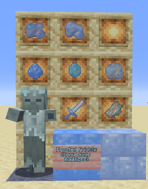 Thumbnail Adds a new mob: the Frosted Zombie and a new structure: the Frosted Graveyard alongside new ways to obtain ores and a new weapon: the Frostbitten Sword