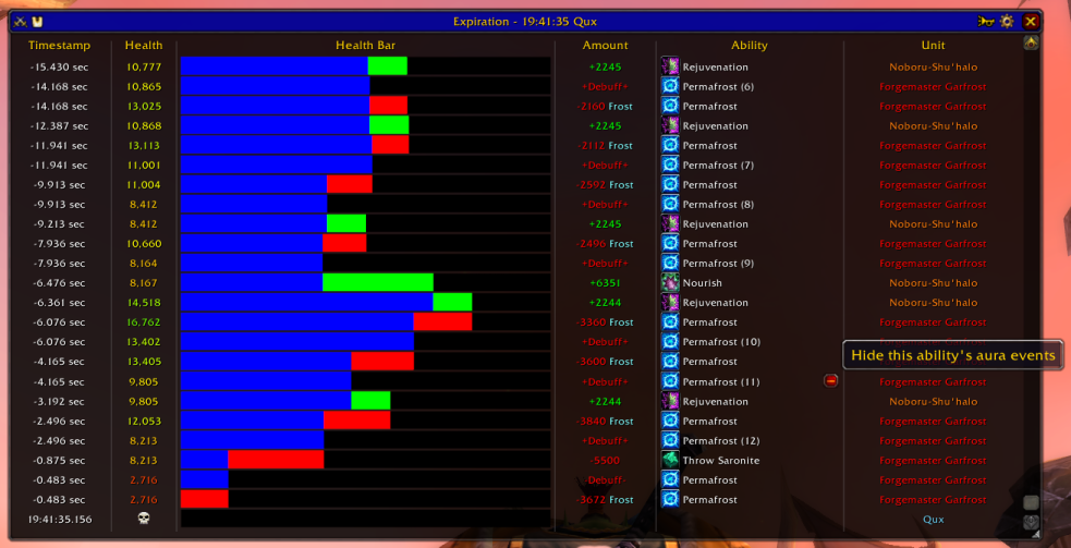 <p>A sample death report showing combat events leading up to the mage's death. Individual columns should be fairly self explanatory; also shown is the mouse hovering over a Permafrost debuff gain event. The minus button will hide all aura events with th...