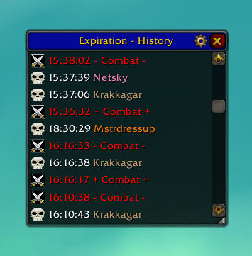 <p>This window is opened by the basic slash command (/expiration or /exp). It shows the currently recorded report history, with combat start and stop times to separate fights.</p>