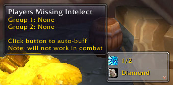 <p> The main MageMajic window is in the bottom right, the top line next to the AB icon indicates the player's assigned buff groups. Mousing over the icon shows this tooltip which lists any players in your assigned group who are missing intellect in...
