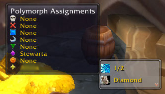 <p>The second line of the MageMajic window indicates which symbol is the player's sheep target. By mousing over the polymorph icon, the player can see which other players are assigned to polymorphing, and what their target symbols are.</p>